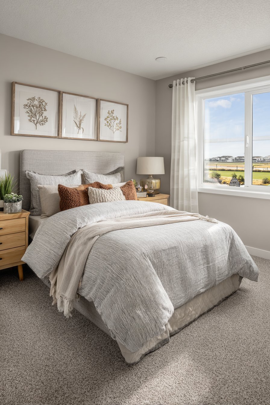 Small bedroom with grey linen upholstered bed, floating oak nightstand and three botanical prints above