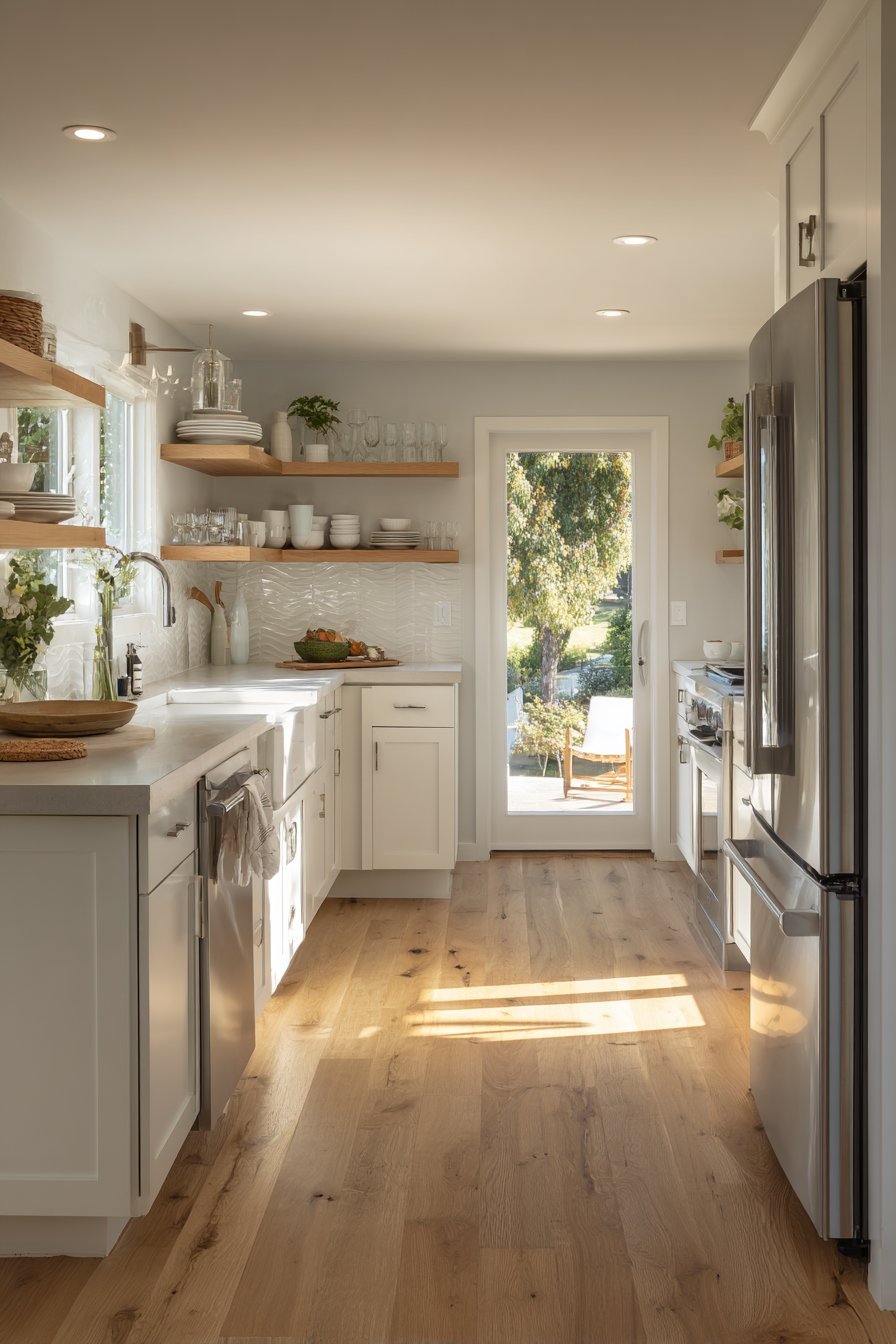 Small kitchen with ceiling-height white shaker cabinets, oak floating shelves and honey hardwood floor