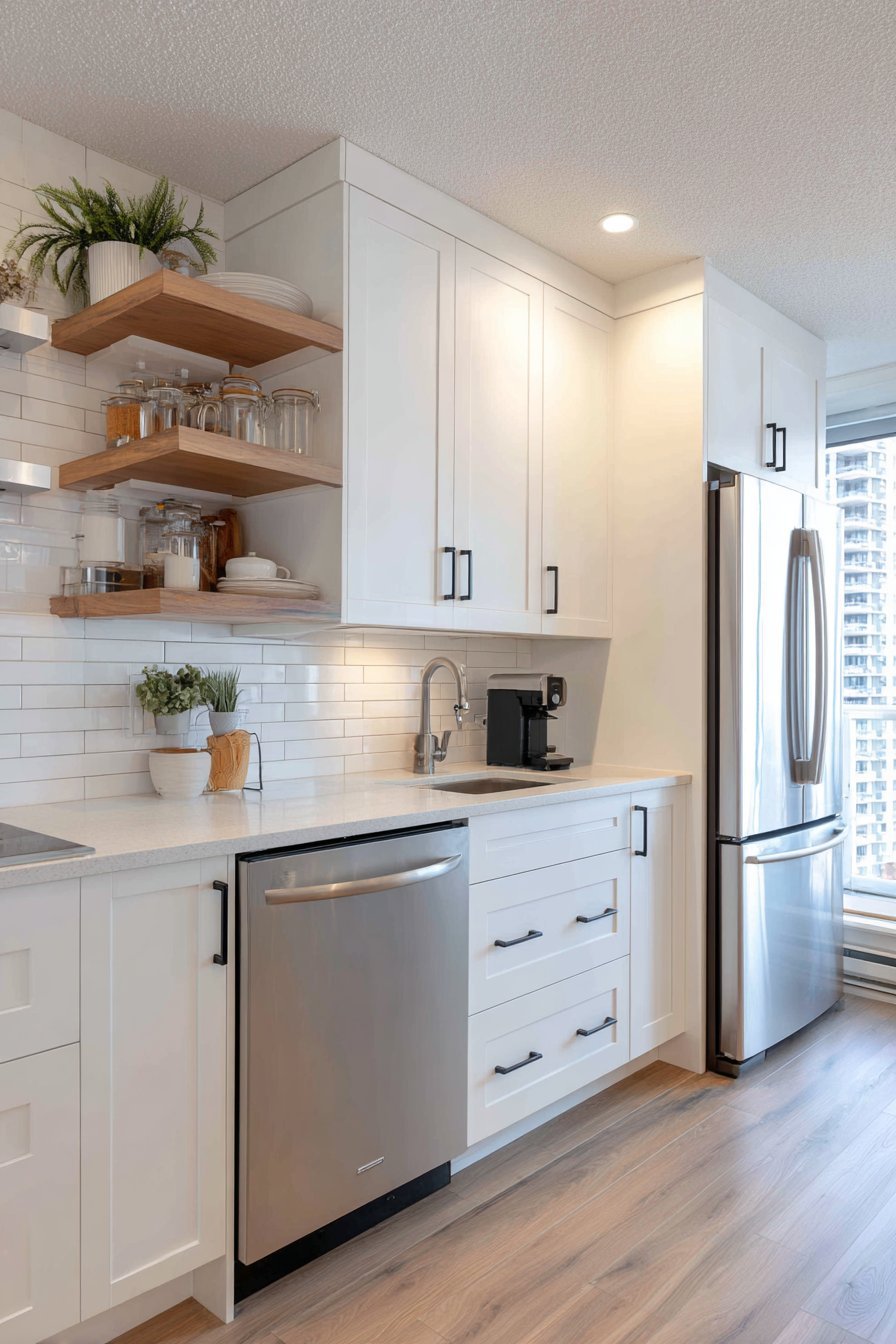 Small kitchen with ceiling-height white shaker cabinets, oak floating shelves and honey hardwood floor