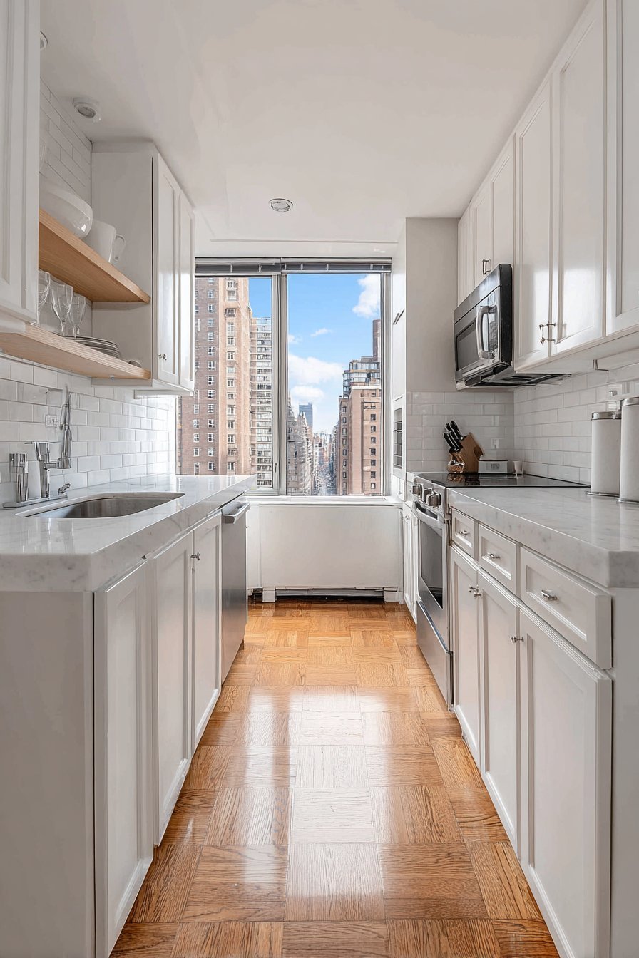 Small kitchen with ceiling-height white shaker cabinets, oak floating shelves and honey hardwood floor