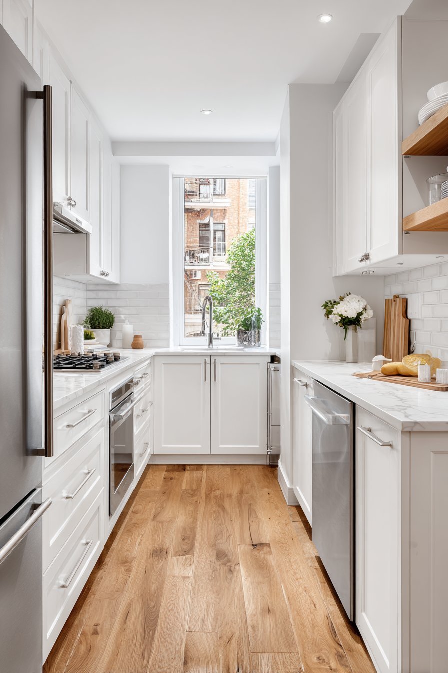 Small kitchen with ceiling-height white shaker cabinets, oak floating shelves and honey hardwood floor
