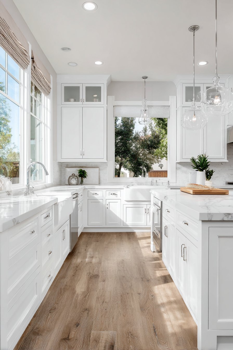 Timeless kitchen with white shaker cabinets, Carrara marble counters, farmhouse sink and butcher block island with glass pendants