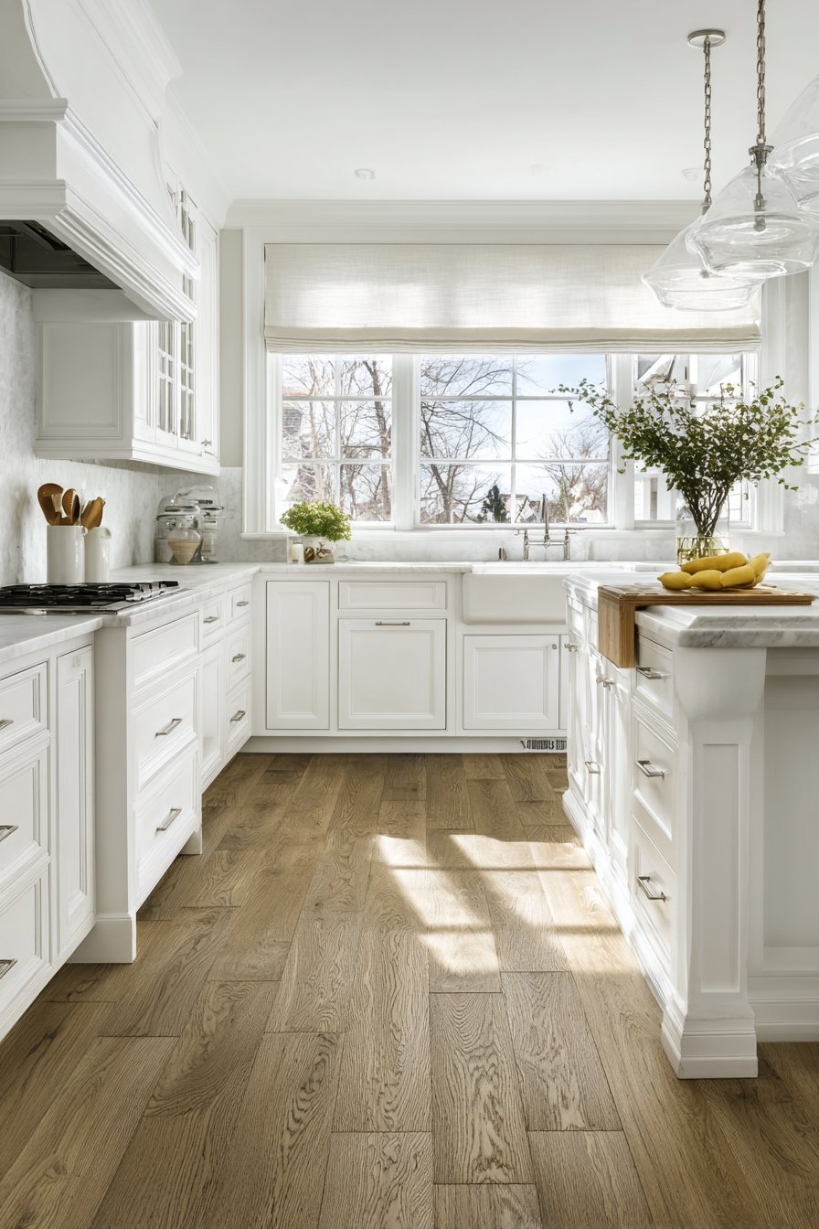 Timeless kitchen with white shaker cabinets, Carrara marble counters, farmhouse sink and butcher block island with glass pendants