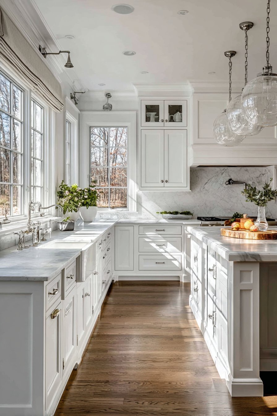 Timeless kitchen with white shaker cabinets, Carrara marble counters, farmhouse sink and butcher block island with glass pendants