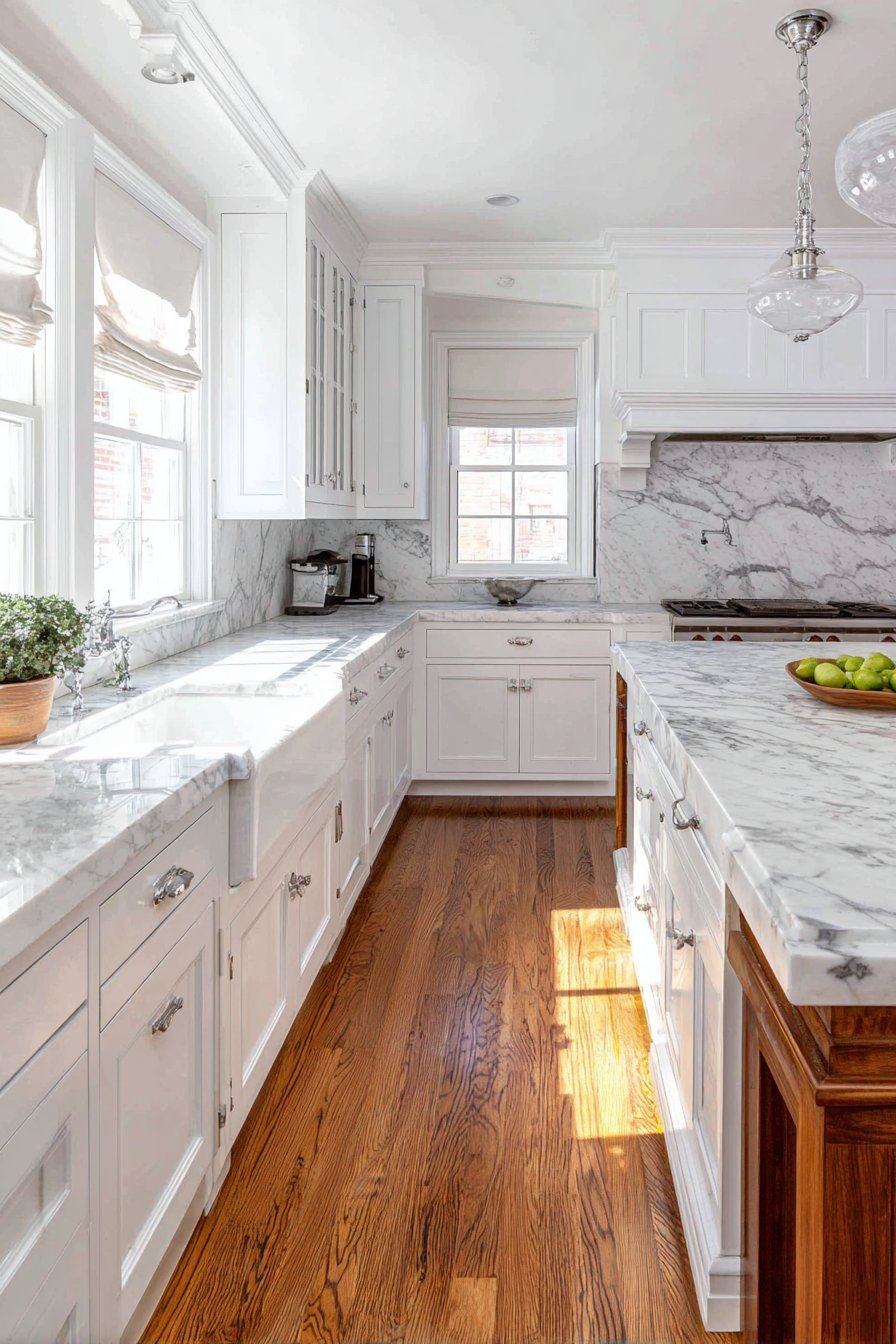 Timeless kitchen with white shaker cabinets, Carrara marble counters, farmhouse sink and butcher block island with glass pendants