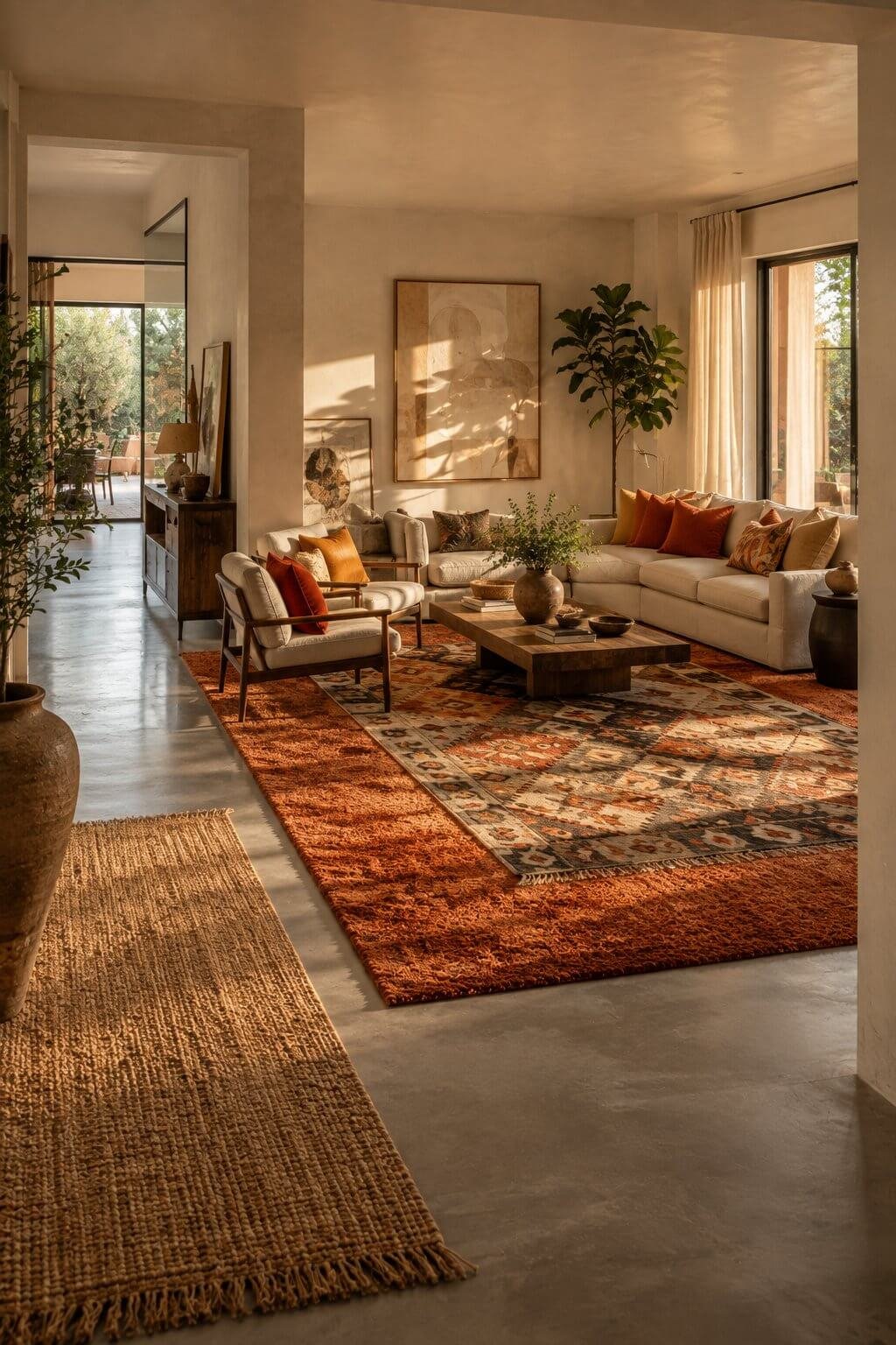 Layer with Warm-Toned Area Rugs