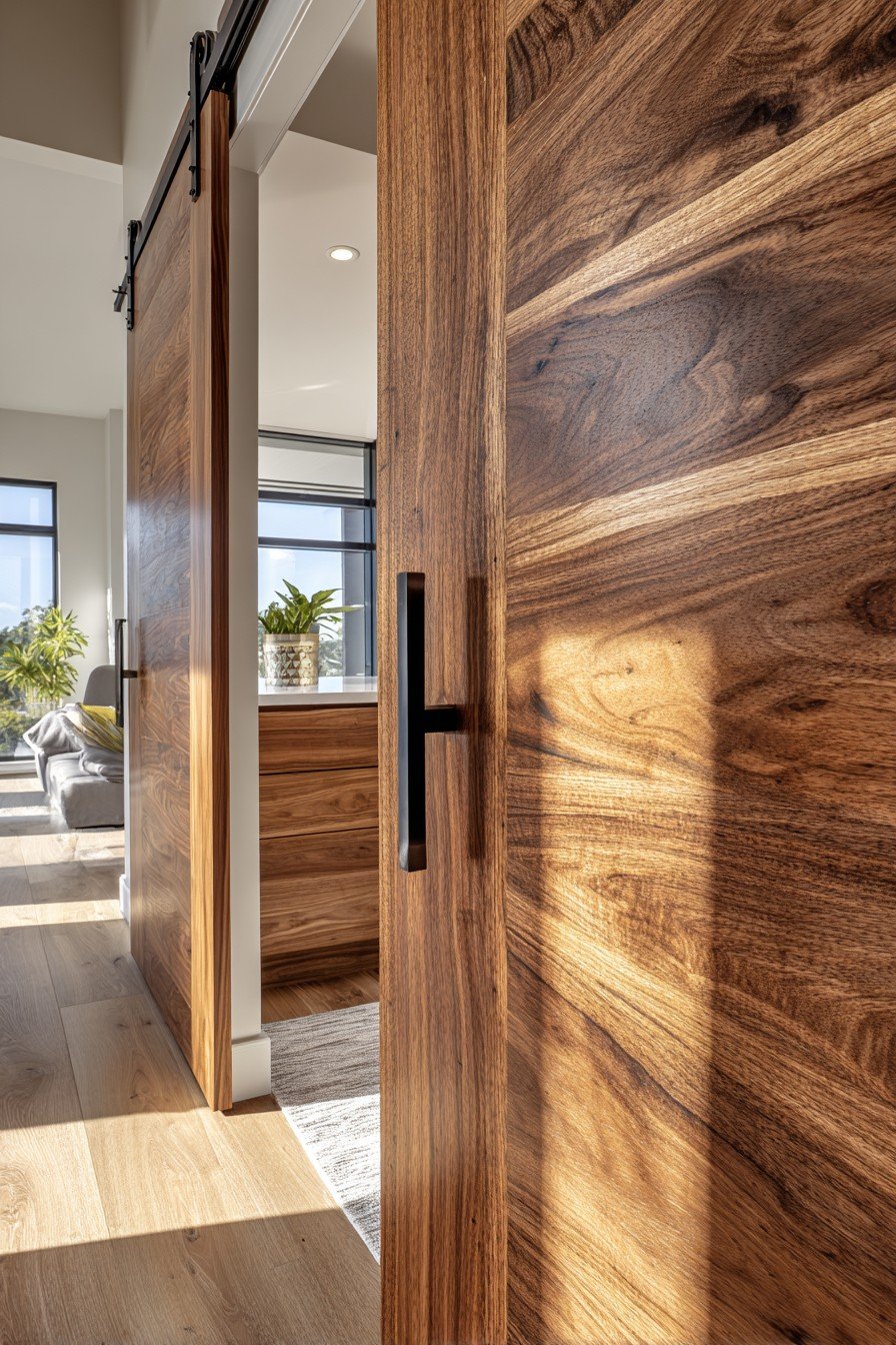 Walnut sliding barn door on black track hardware opening to a walk-in closet in a modern bedroom