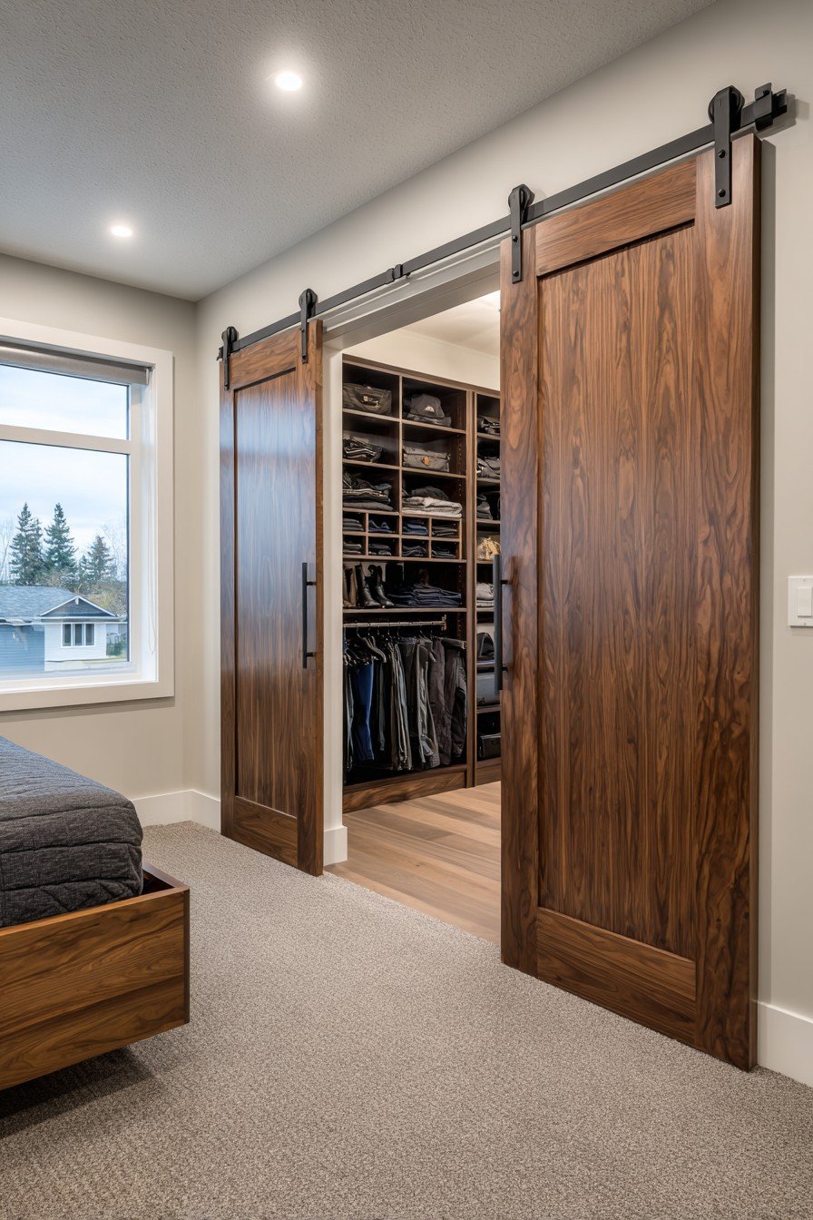 Walnut sliding barn door on black track hardware opening to a walk-in closet in a modern bedroom