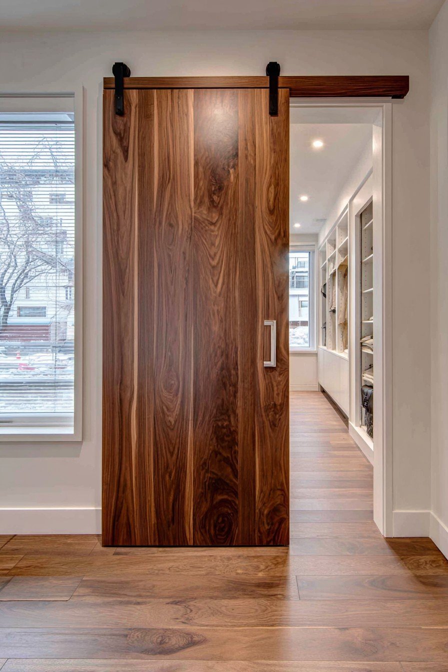 Walnut sliding barn door on black track hardware opening to a walk-in closet in a modern bedroom