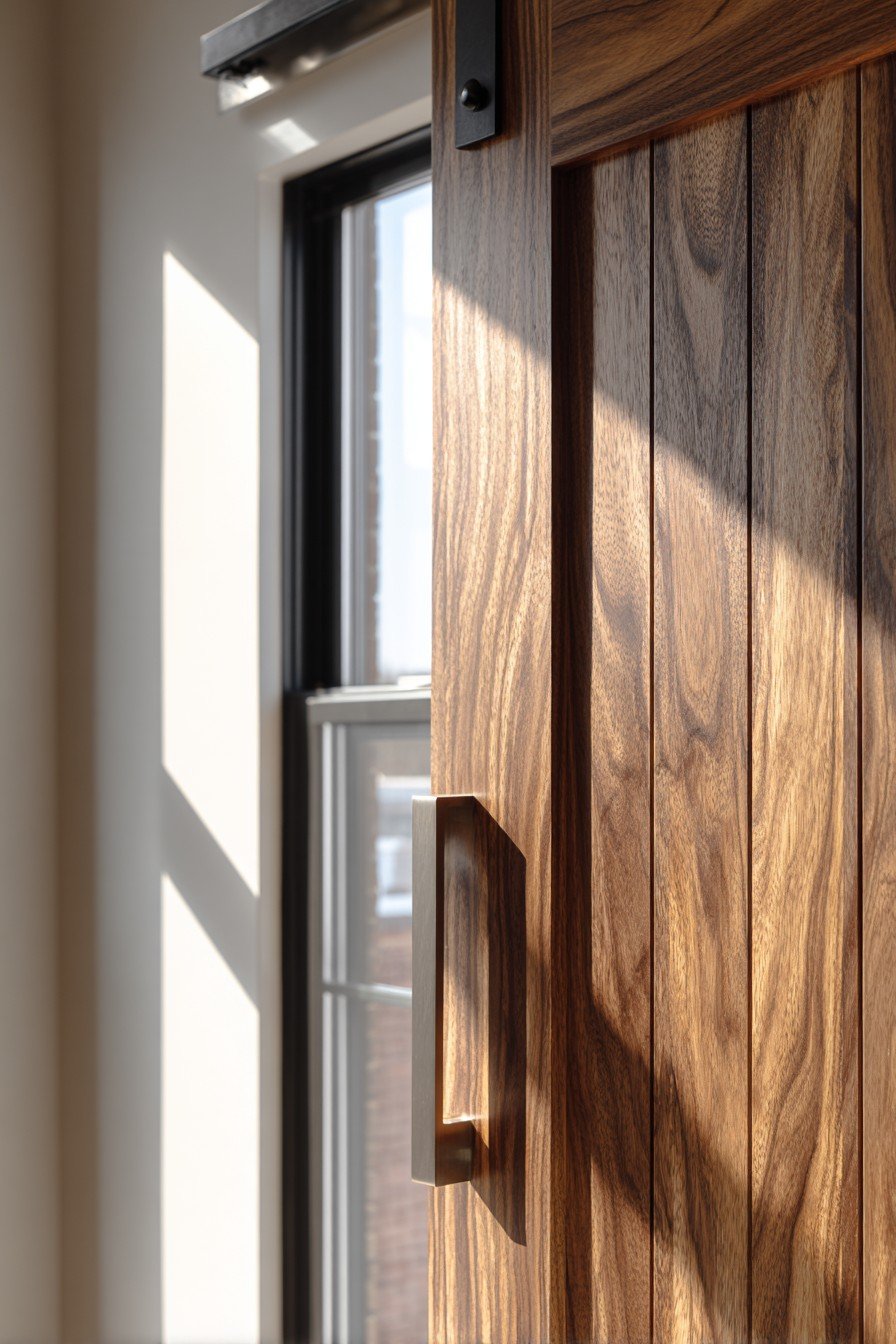 Walnut sliding barn door on black track hardware opening to a walk-in closet in a modern bedroom