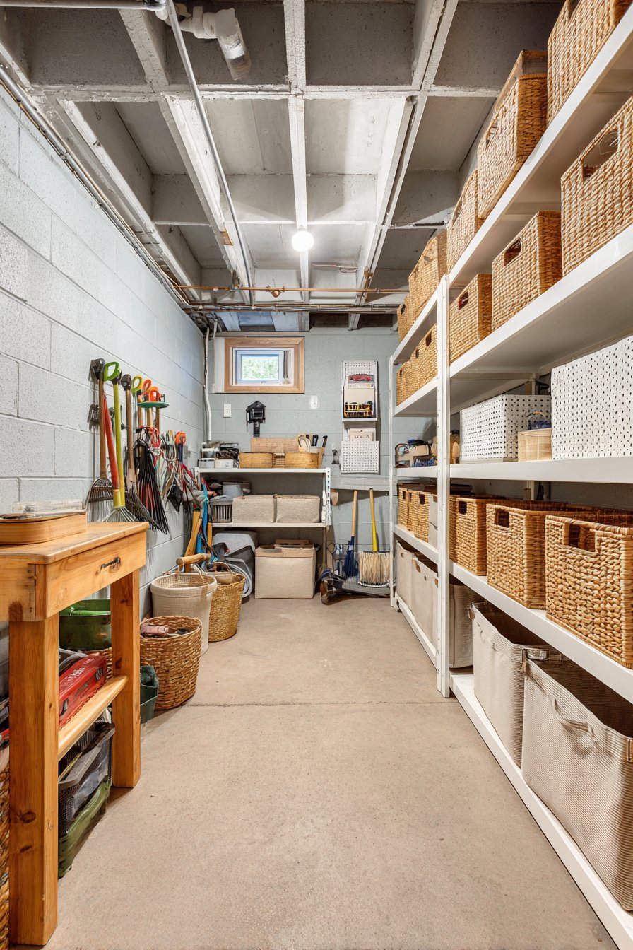 White open shelving with bamboo boxes and canvas bins beside wall rails of garden tools and a pegboard in a basement