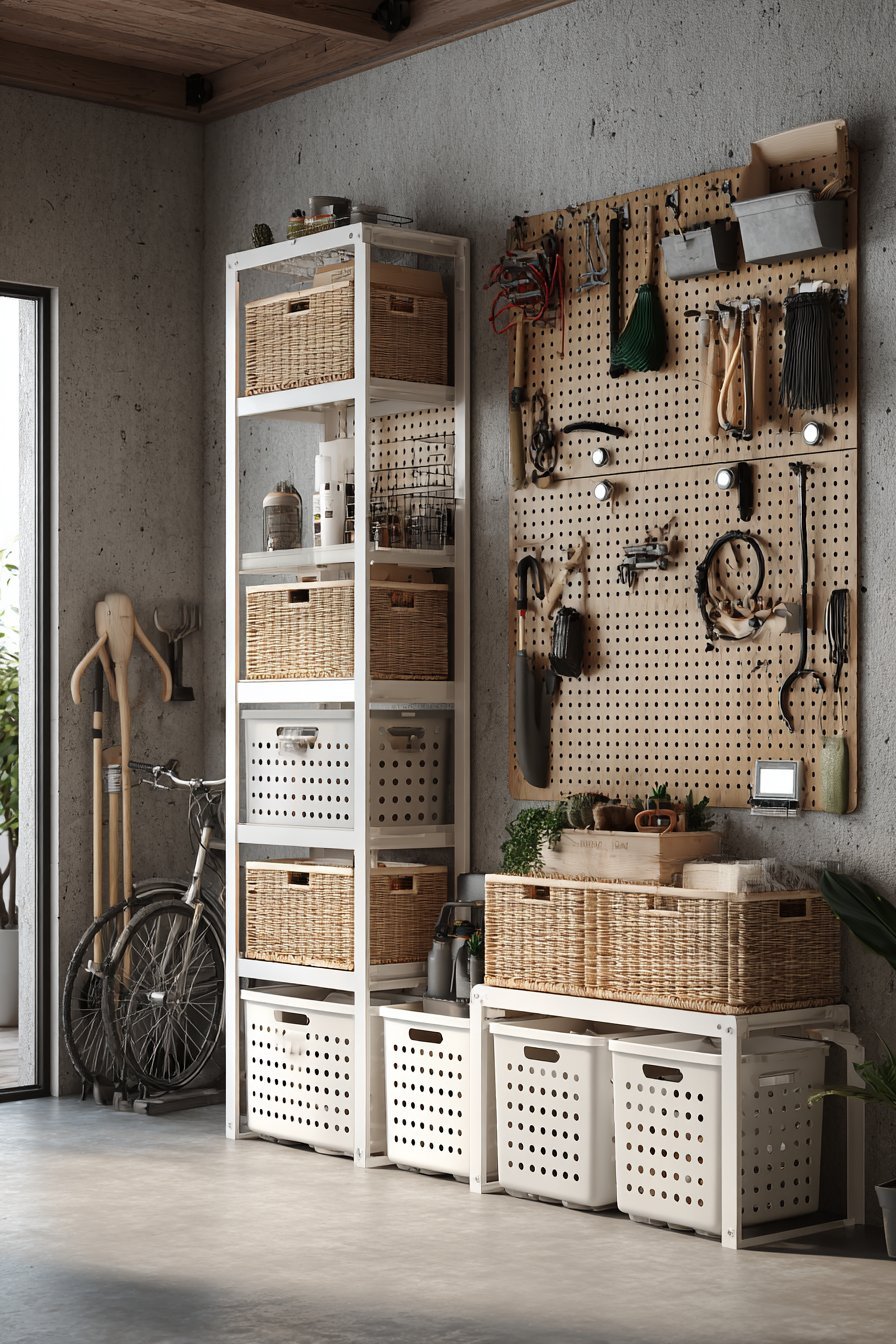 White open shelving with bamboo boxes and canvas bins beside wall rails of garden tools and a pegboard in a basement