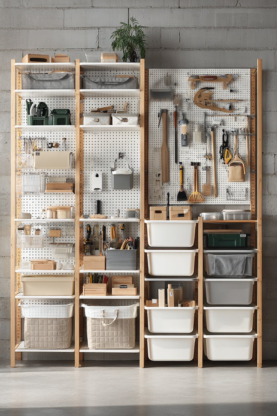 White open shelving with bamboo boxes and canvas bins beside wall rails of garden tools and a pegboard in a basement