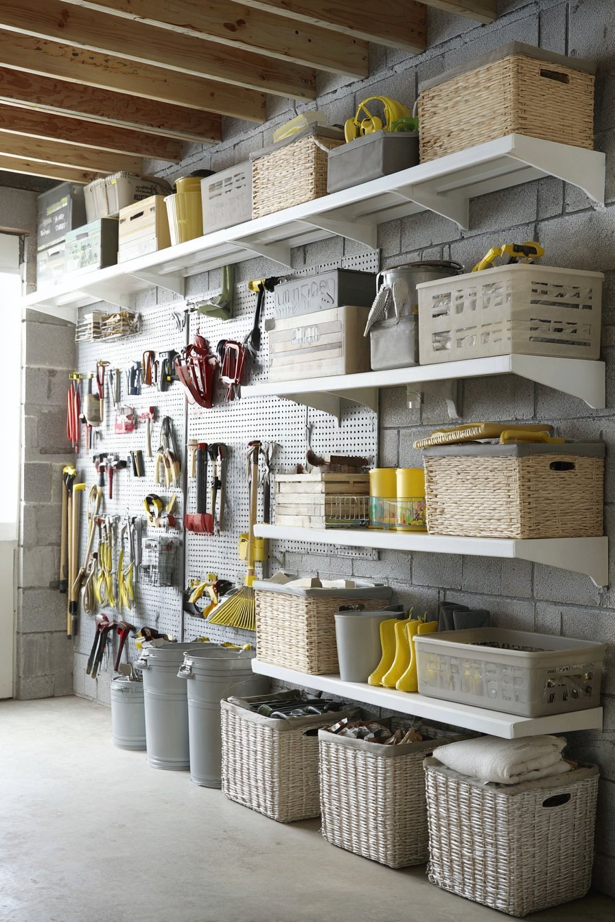 White open shelving with bamboo boxes and canvas bins beside wall rails of garden tools and a pegboard in a basement