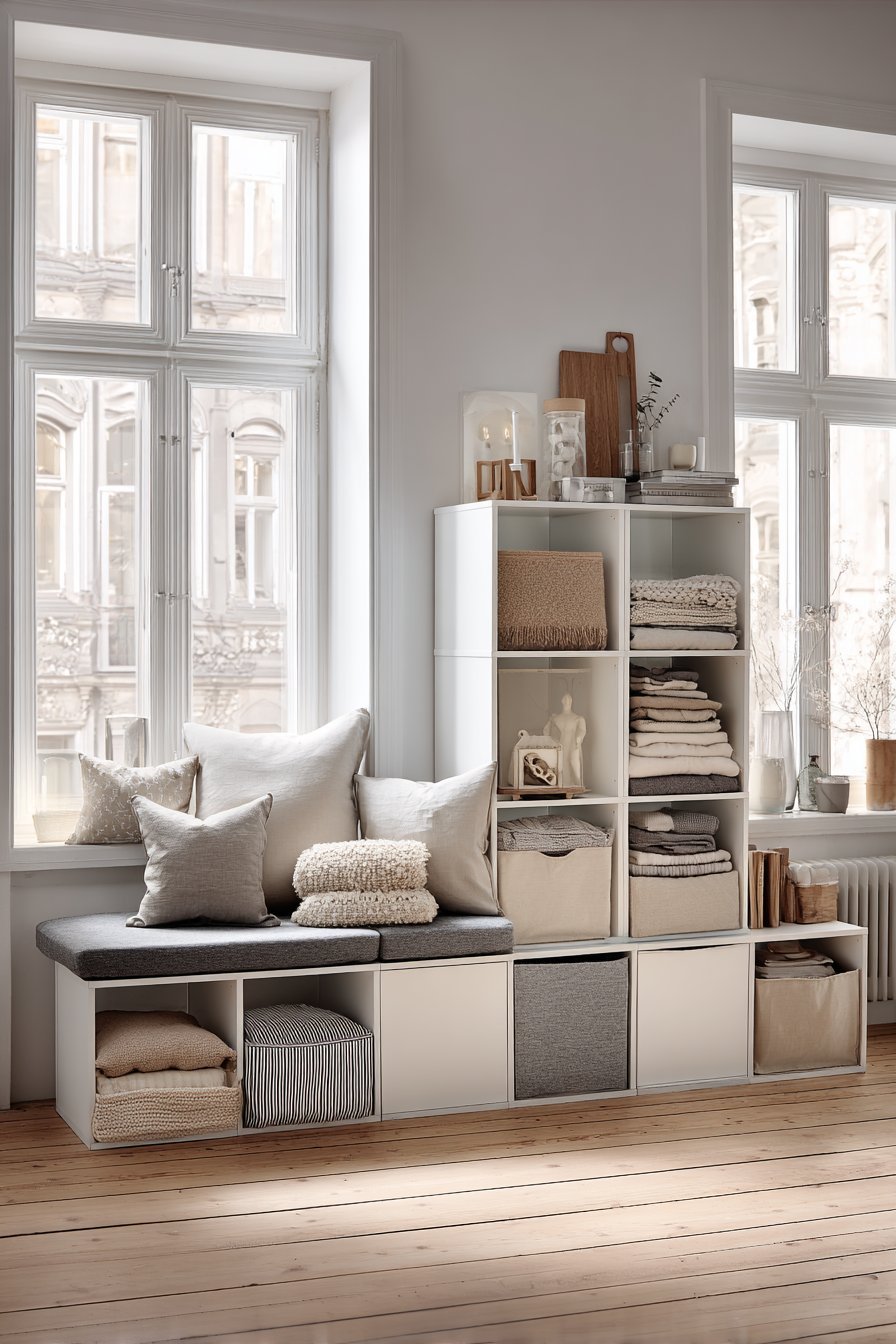 White modular cube storage along a low wall with neutral fabric bins and a grey cushioned window seat top