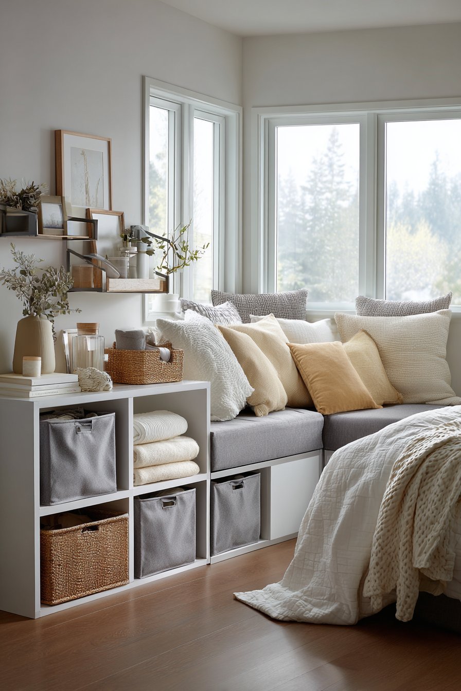 White modular cube storage along a low wall with neutral fabric bins and a grey cushioned window seat top