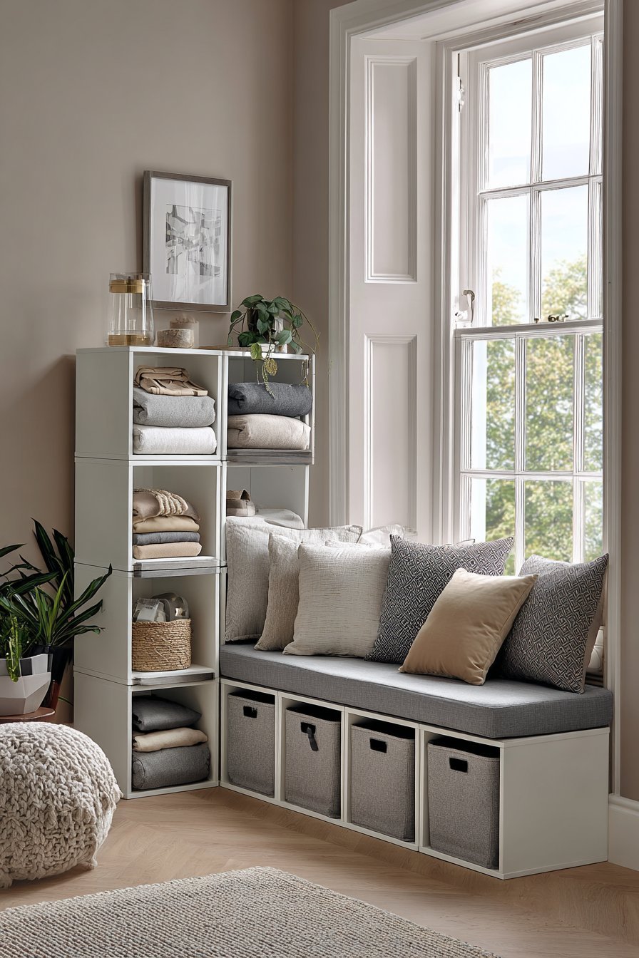 White modular cube storage along a low wall with neutral fabric bins and a grey cushioned window seat top