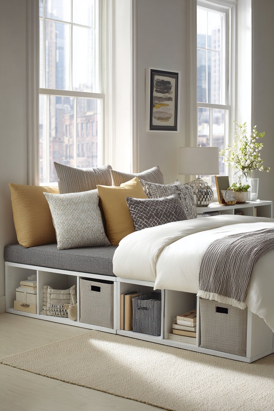 White modular cube storage along a low wall with neutral fabric bins and a grey cushioned window seat top