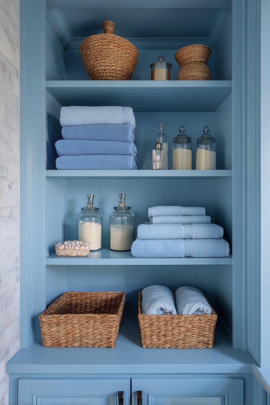 Built-in bathroom linen closet with folded towels, woven baskets, glass apothecary jars and LED lighting