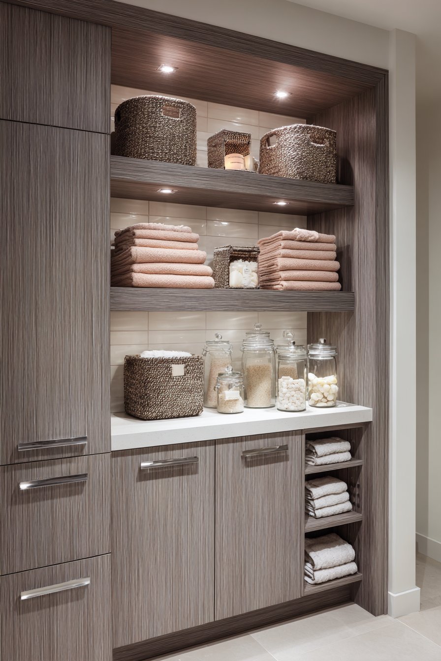 Built-in bathroom linen closet with folded towels, woven baskets, glass apothecary jars and LED lighting