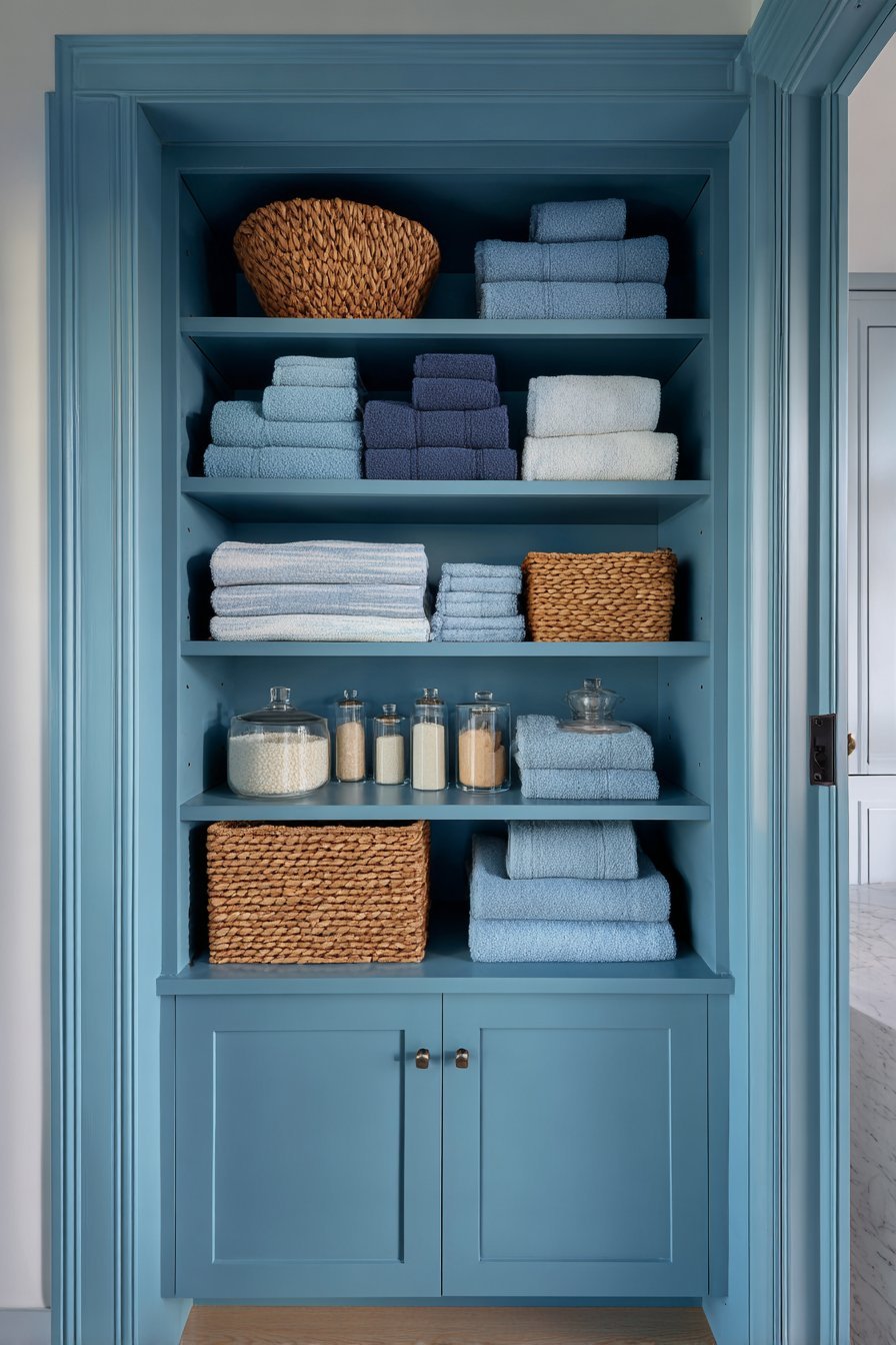 Built-in bathroom linen closet with folded towels, woven baskets, glass apothecary jars and LED lighting