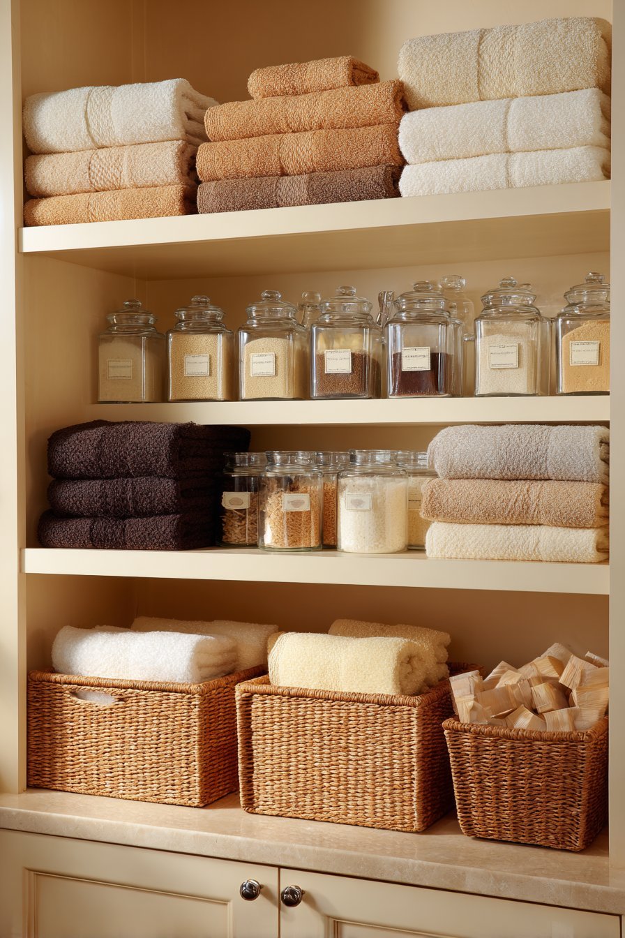 Built-in bathroom linen closet with folded towels, woven baskets, glass apothecary jars and LED lighting