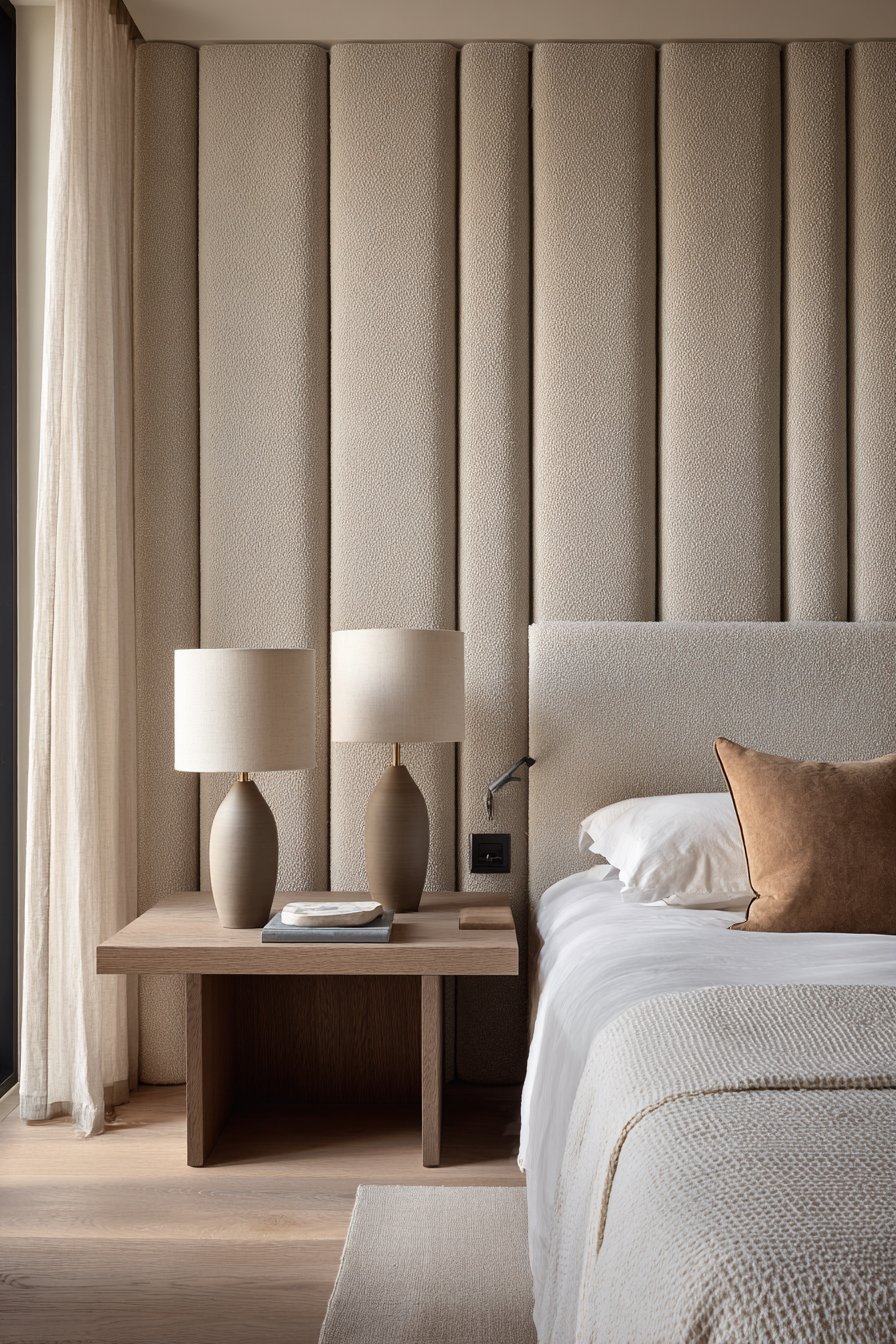 King bed with oatmeal channel-tufted headboard, white bedding, floating oak nightstand shelves and sheer linen curtains