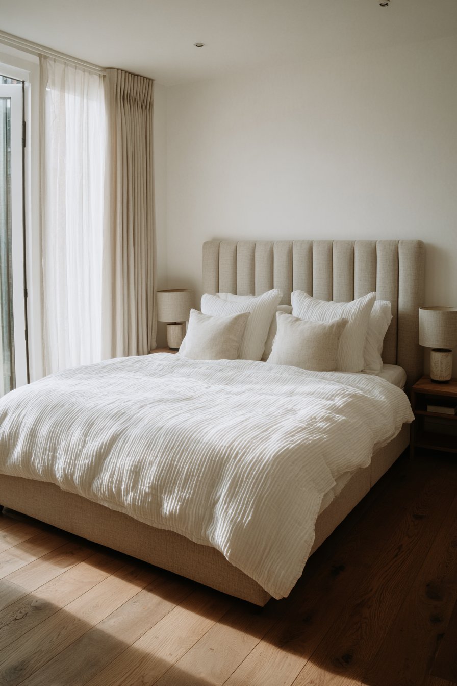 King bed with oatmeal channel-tufted headboard, white bedding, floating oak nightstand shelves and sheer linen curtains