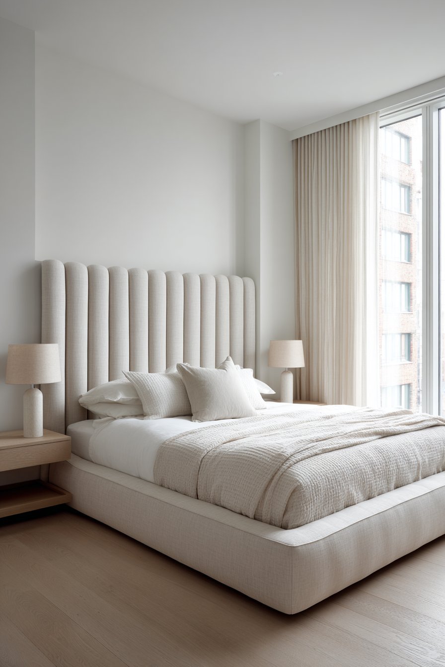 King bed with oatmeal channel-tufted headboard, white bedding, floating oak nightstand shelves and sheer linen curtains