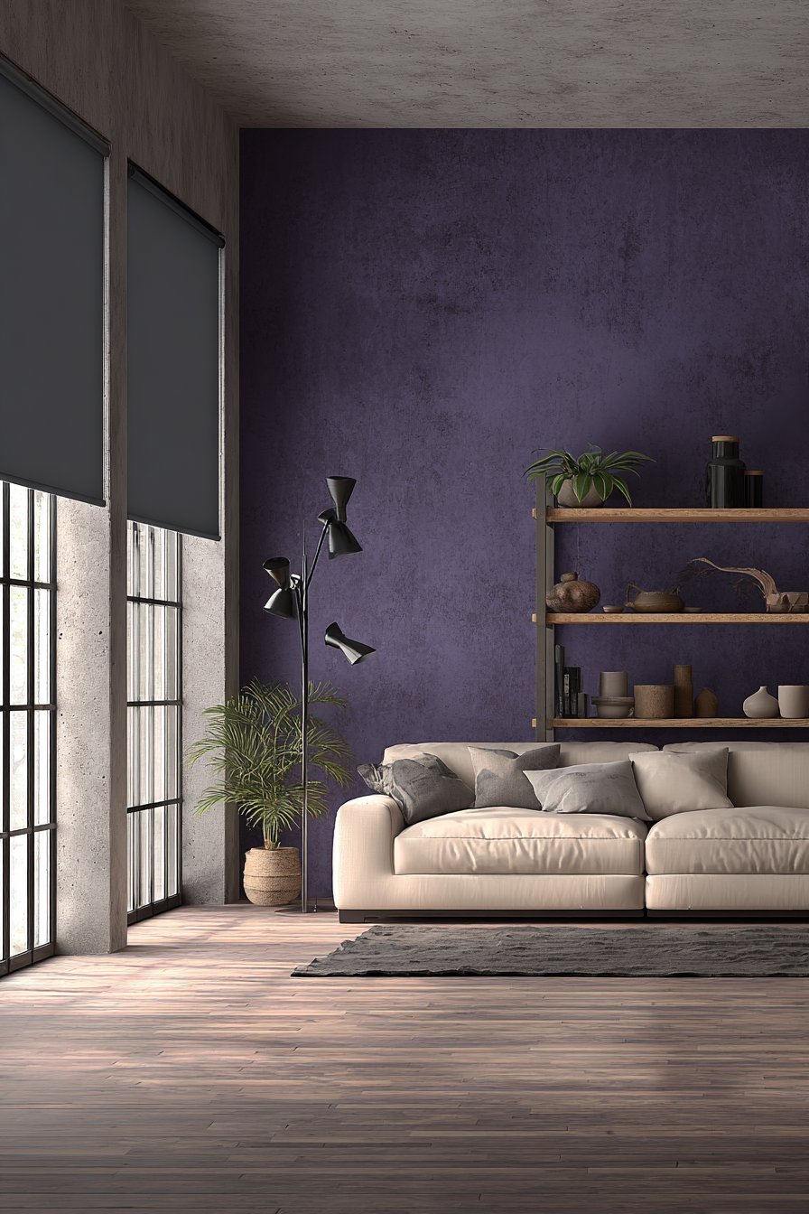 Eggplant purple accent wall with oatmeal linen sofa, oak and black metal shelving and black arc floor lamp