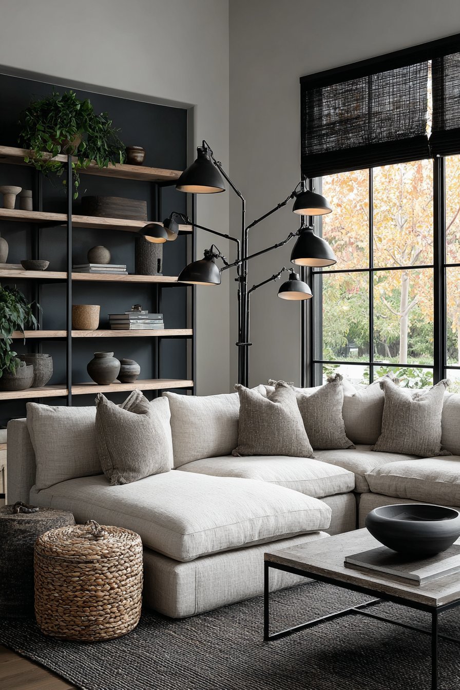 Eggplant purple accent wall with oatmeal linen sofa, oak and black metal shelving and black arc floor lamp