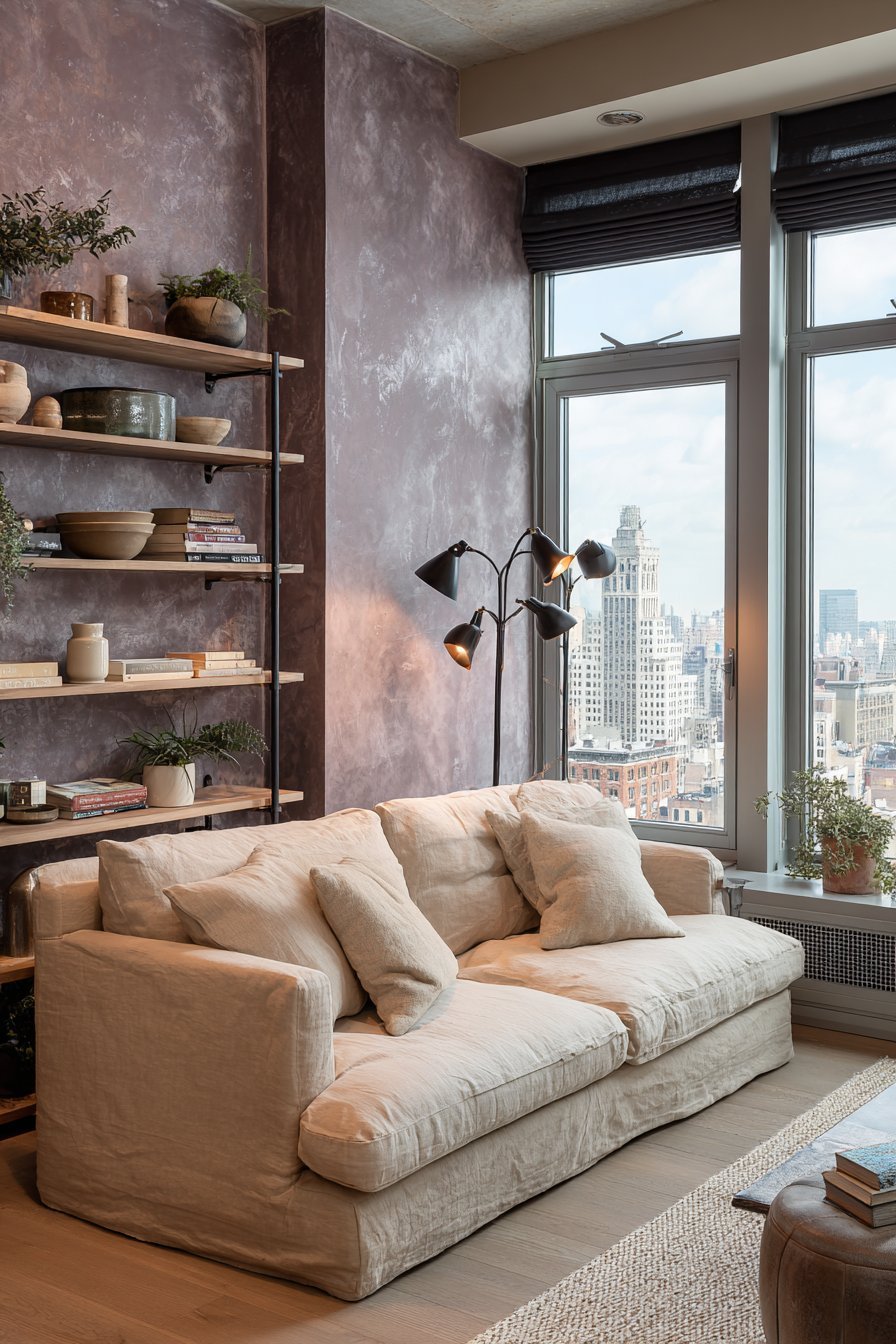 Eggplant purple accent wall with oatmeal linen sofa, oak and black metal shelving and black arc floor lamp