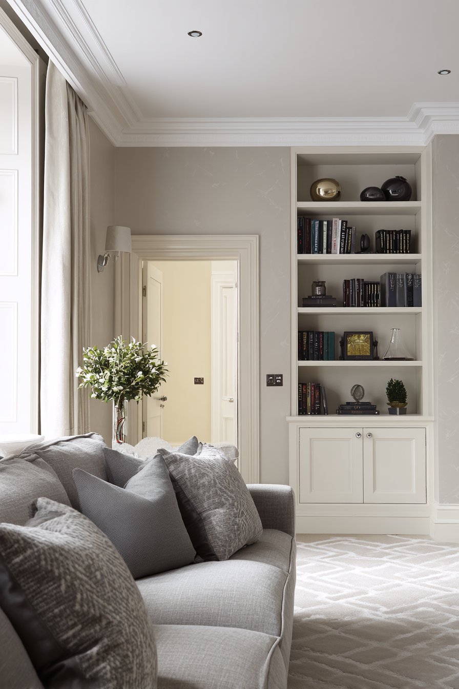Refined living room with dove grey herringbone sofa, white oak built-in bookcases and Venetian plaster walls