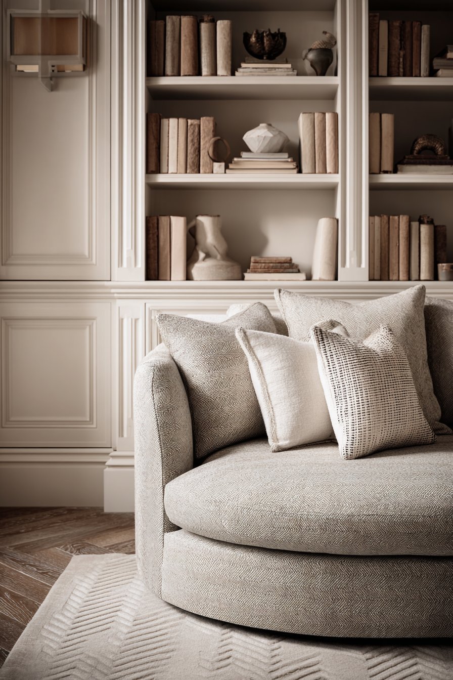 Refined living room with dove grey herringbone sofa, white oak built-in bookcases and Venetian plaster walls