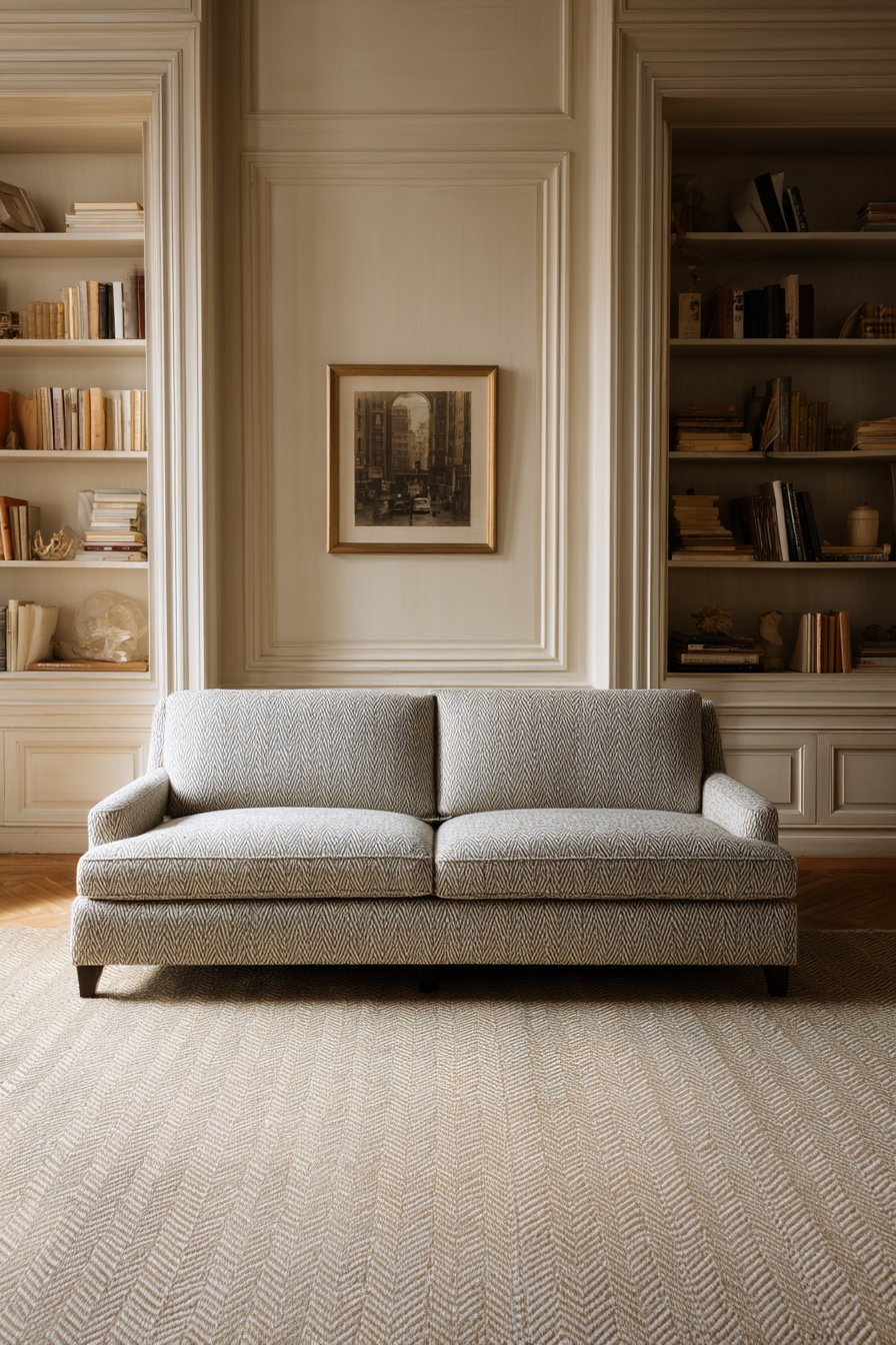Refined living room with dove grey herringbone sofa, white oak built-in bookcases and Venetian plaster walls