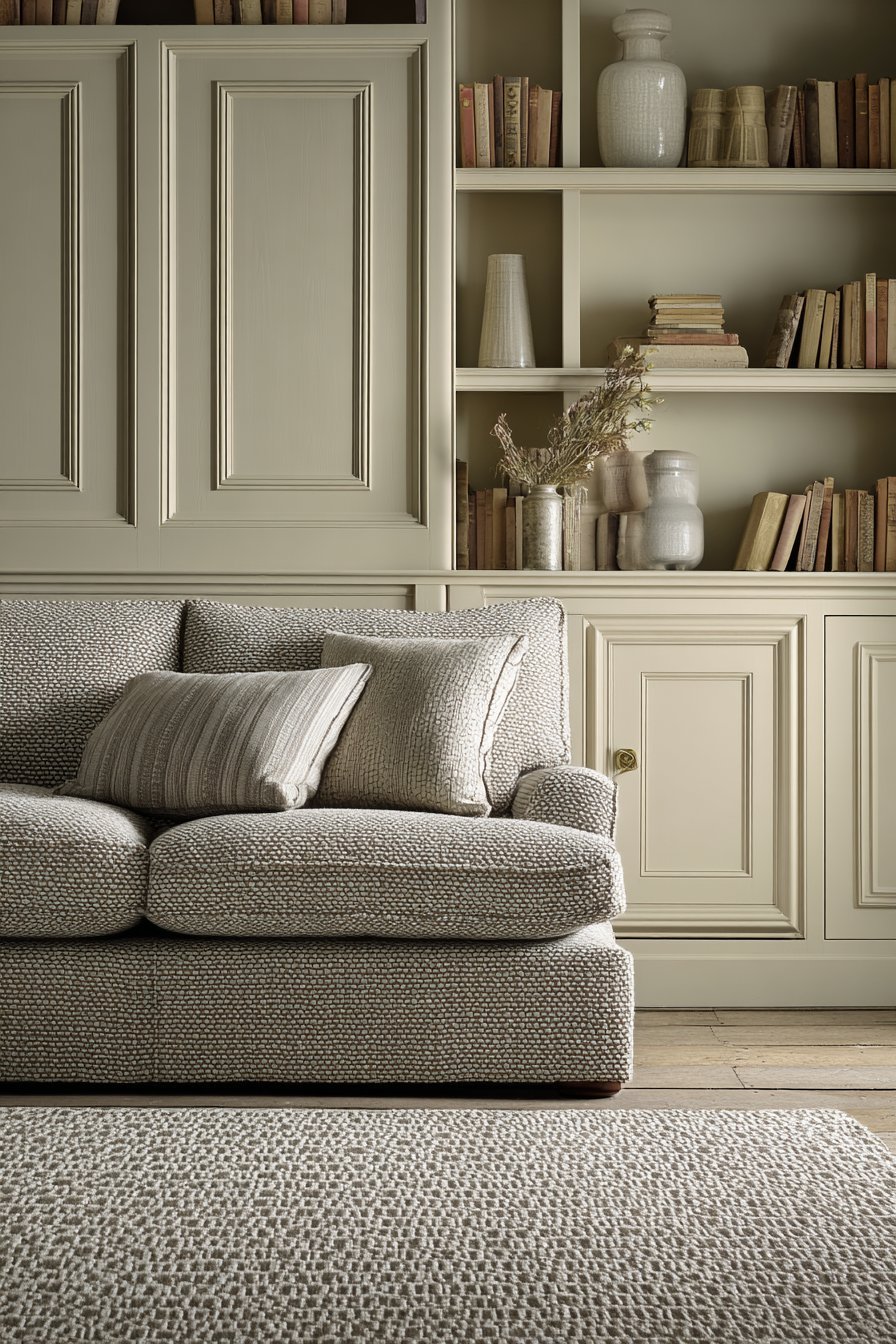 Refined living room with dove grey herringbone sofa, white oak built-in bookcases and Venetian plaster walls