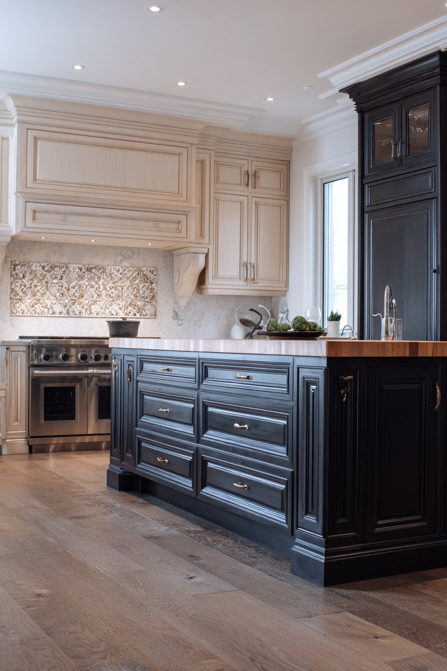 Charcoal lower and cream upper kitchen cabinets with butcher block island, cement tile border and brass bar pulls