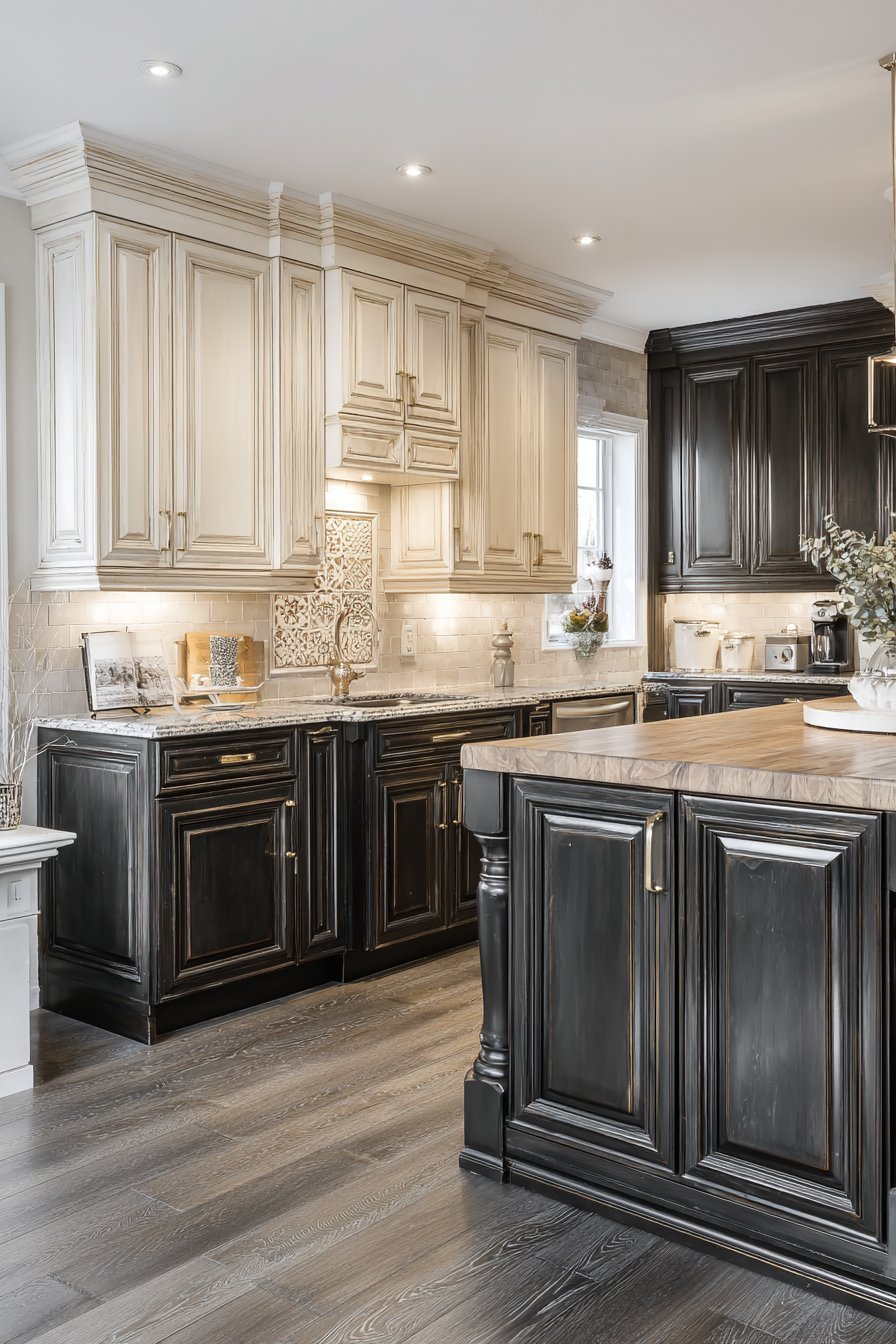 Charcoal lower and cream upper kitchen cabinets with butcher block island, cement tile border and brass bar pulls