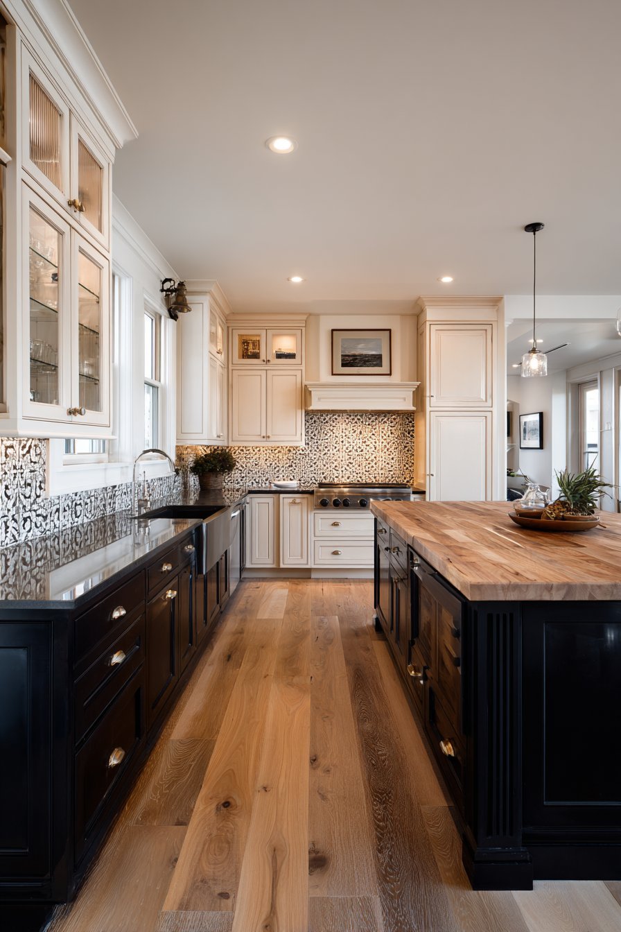Charcoal lower and cream upper kitchen cabinets with butcher block island, cement tile border and brass bar pulls