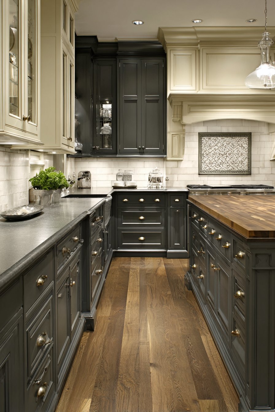 Charcoal lower and cream upper kitchen cabinets with butcher block island, cement tile border and brass bar pulls