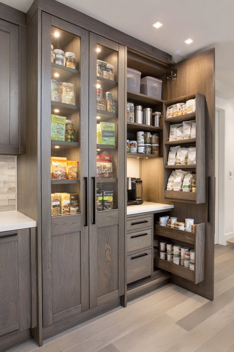 Grey-stained basement cabinetry with glass-front uppers, solid lower doors and divided drawers under LED lighting