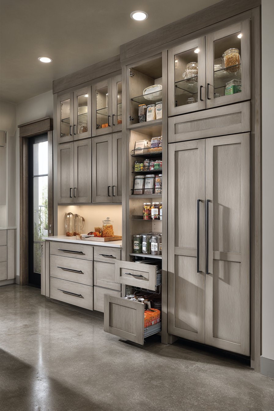 Grey-stained basement cabinetry with glass-front uppers, solid lower doors and divided drawers under LED lighting