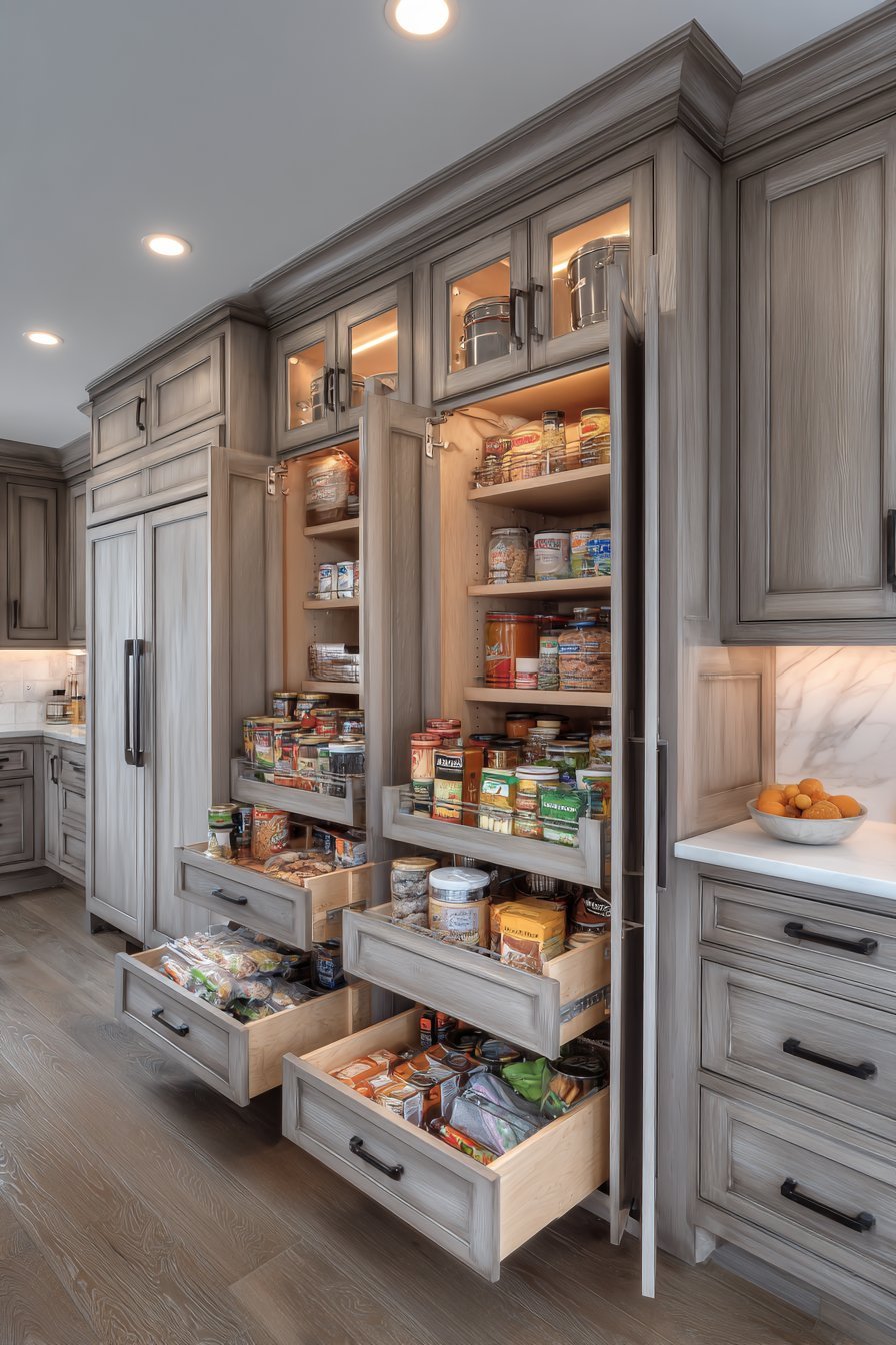 Grey-stained basement cabinetry with glass-front uppers, solid lower doors and divided drawers under LED lighting