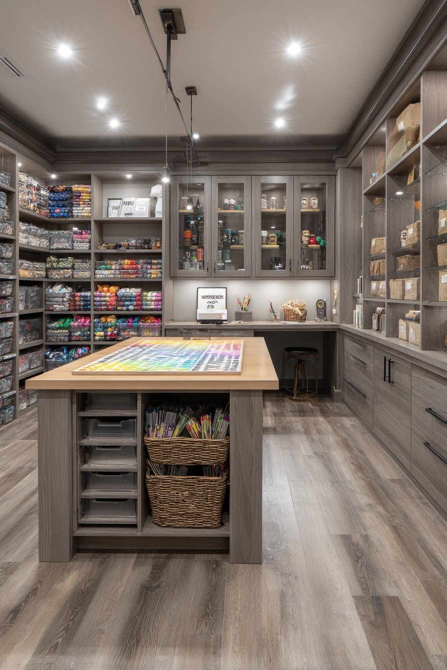 Grey-stained basement cabinetry with glass-front uppers, solid lower doors and divided drawers under LED lighting