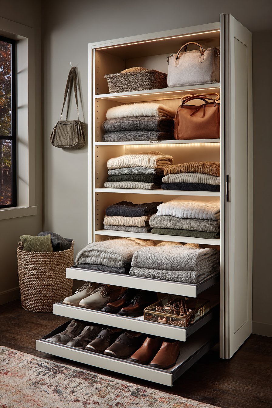 White melamine walk-in closet with hanging rods, velvet-lined jewelry drawer, shoe shelves and LED strip lighting