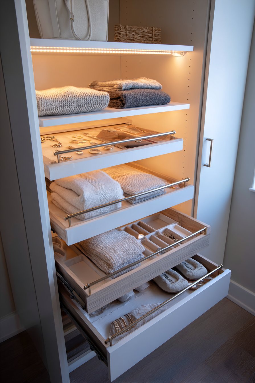 White melamine walk-in closet with hanging rods, velvet-lined jewelry drawer, shoe shelves and LED strip lighting