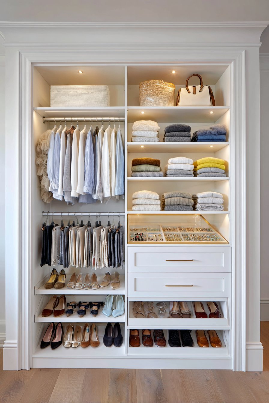 White melamine walk-in closet with hanging rods, velvet-lined jewelry drawer, shoe shelves and LED strip lighting