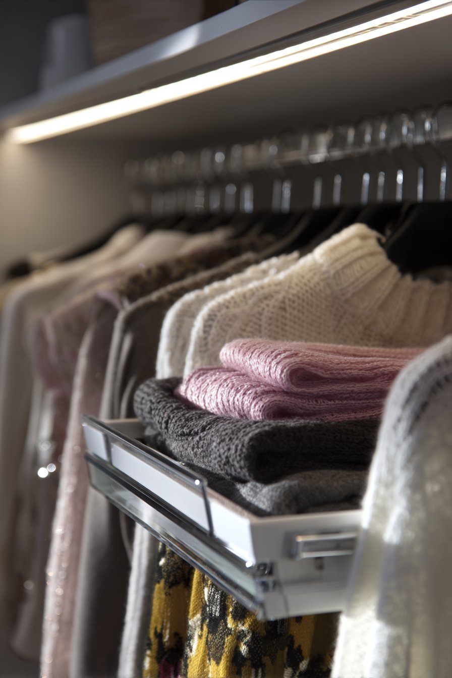 White melamine walk-in closet with hanging rods, velvet-lined jewelry drawer, shoe shelves and LED strip lighting