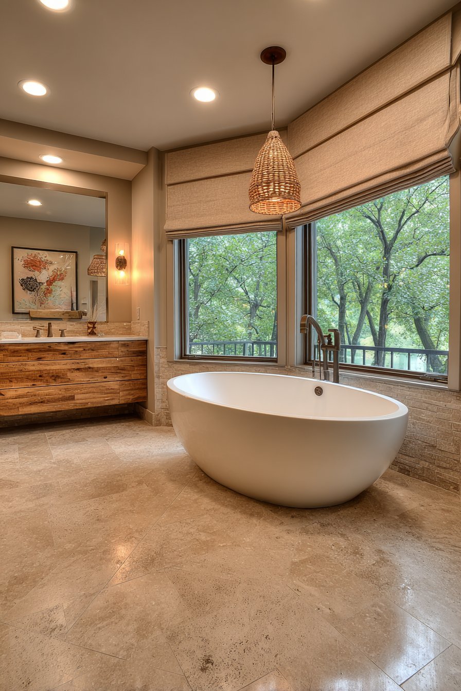 Travertine tile floor with freestanding oval tub, bronze floor-mounted filler and live-edge wood vanity