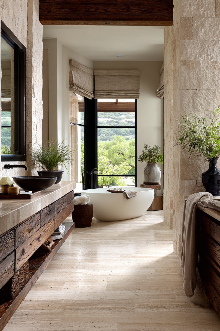 Travertine tile floor with freestanding oval tub, bronze floor-mounted filler and live-edge wood vanity